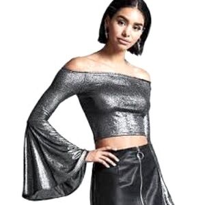 Forever 21 Silver Knit Top Off Shoulder Crop Top Size S Bell Sleeves NWT
